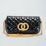 Women's Mini Black Genuine Leather Chain Quilted Crossbody Baguette Bag