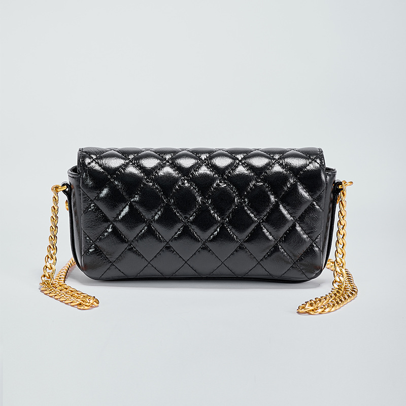 Women's Mini Black Genuine Leather Chain Quilted Crossbody Baguette Bag