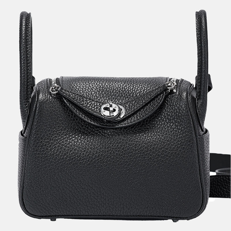 Women's Mini Black Genuine Leather Lychee texture Crossbody Handbag