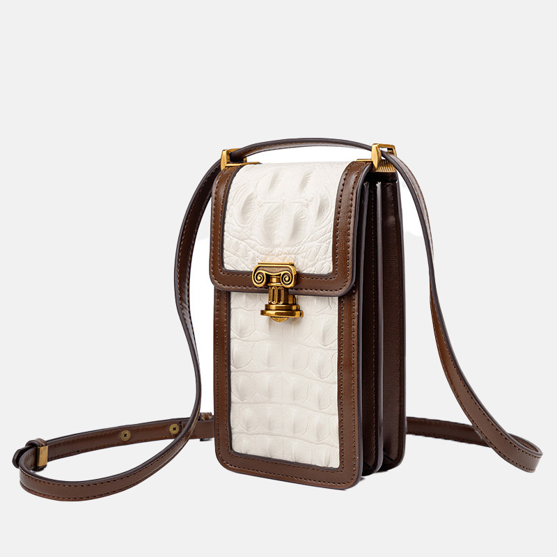 Women's Mini Ivory White Genuine Leather Crocodile Pattern Lock Crossbody Bag
