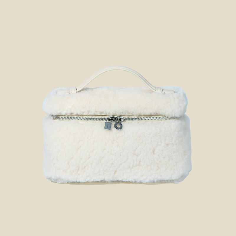 Women's Minimalist Genuine Leather Lamb Fur Crossbody Top Handle Bag