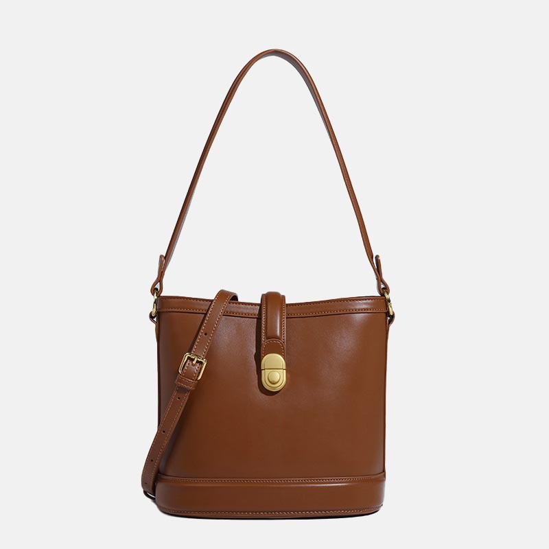 Women's Minimalist Genuine Leather Lock Buckle Crossbody Bucket Bag