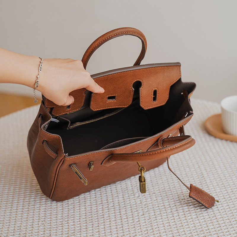 Women's Minimalist Leather Lock Top Handle Bag with Crossbody Strap