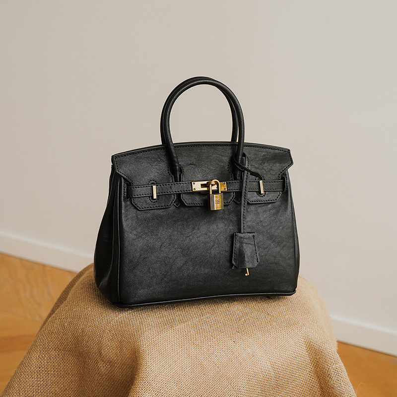 Women's Minimalist Leather Lock Top Handle Bag with Crossbody Strap
