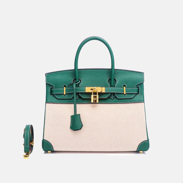 Women's Two Tone Leather & Canvas Top Handle Bags