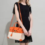 Women's Two Tone Leather & Canvas Top Handle Bags