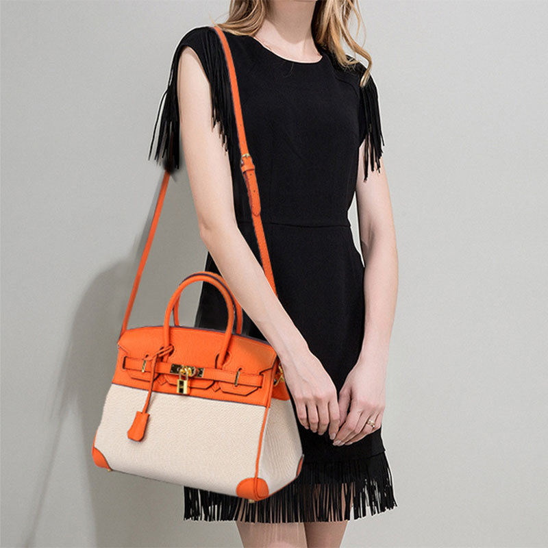 Women's Two Tone Leather & Canvas Top Handle Bags