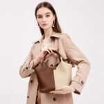 Women's Vintage Genuine Leather Color Block Crossbody Bucket Bag
