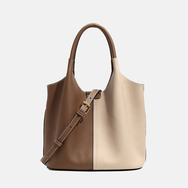Women's Vintage Genuine Leather Color Block Crossbody Bucket Bag