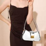 Women's Vintage Genuine Leather Crossbody Baguette Bag with Lock Clasp