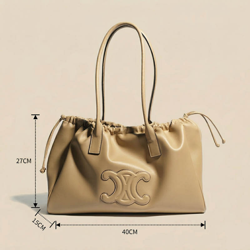 Women's Vintage Leather Pleated Drawstring Shoulder Tote Bag