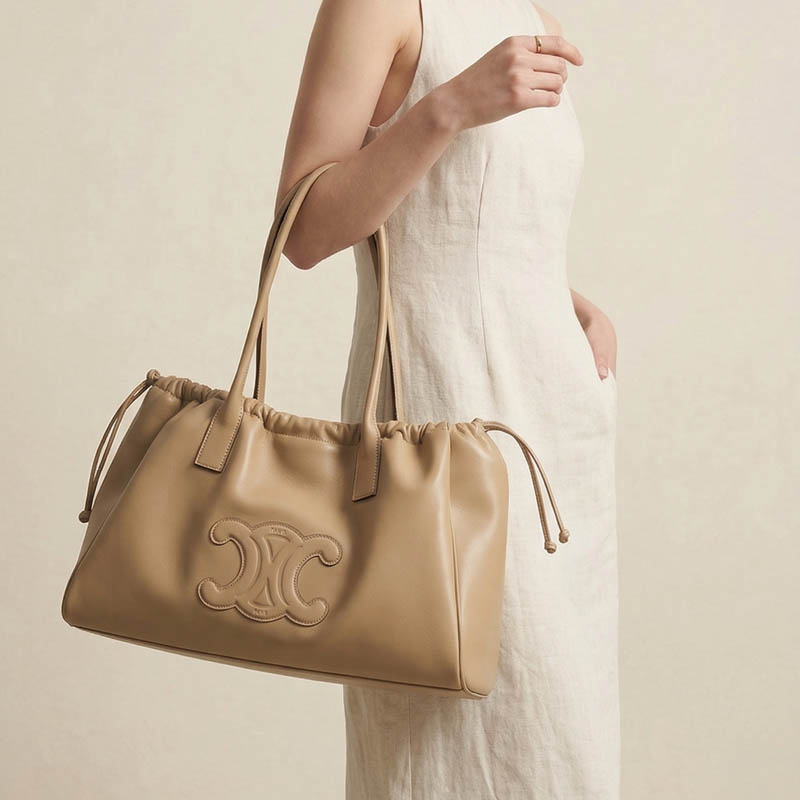 Women's Vintage Leather Pleated Drawstring Shoulder Tote Bag