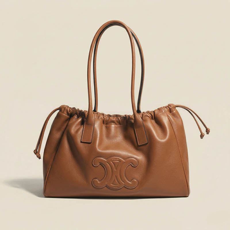 Women's Vintage Leather Pleated Drawstring Shoulder Tote Bag