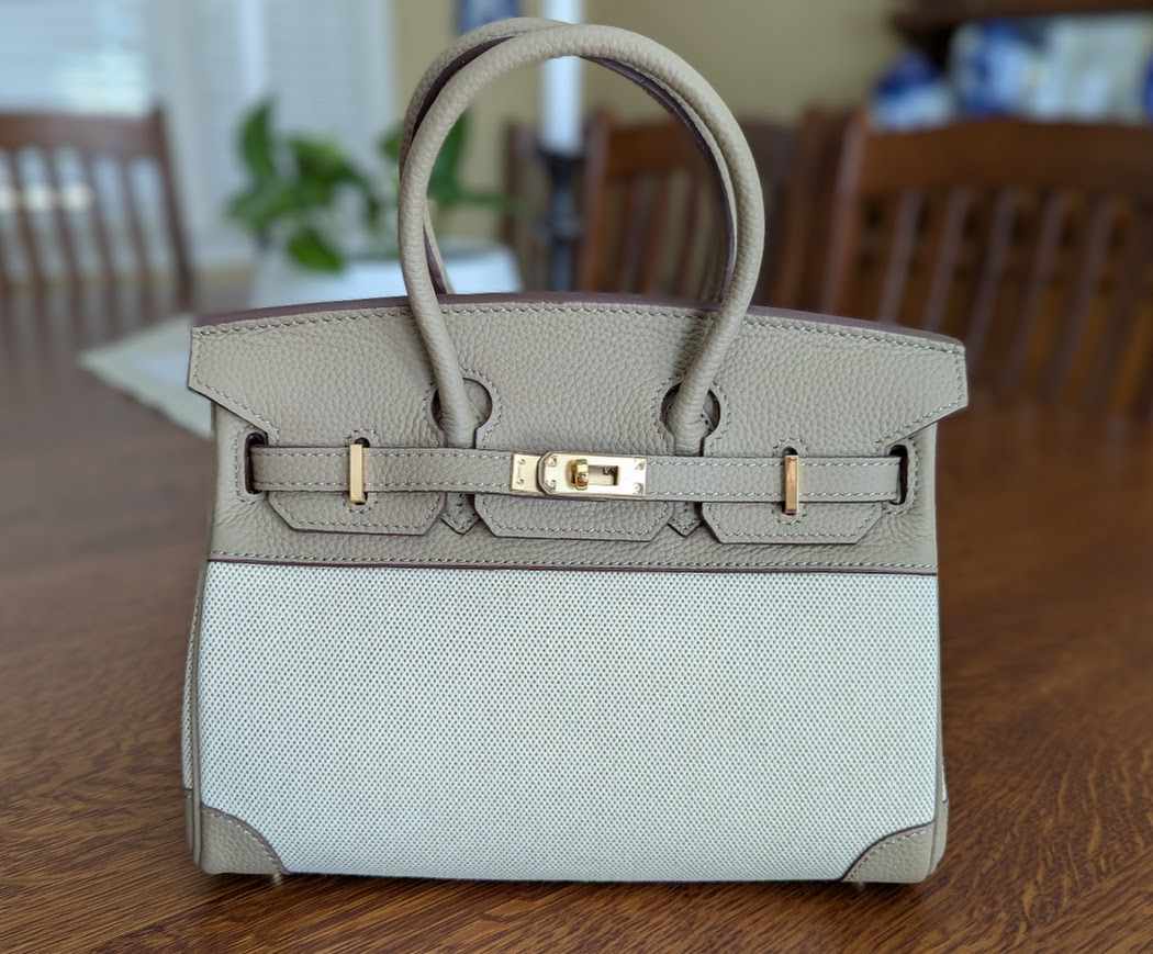 Zweifarbige Damen Leder & Segeltuch Top Handle Taschen photo review
