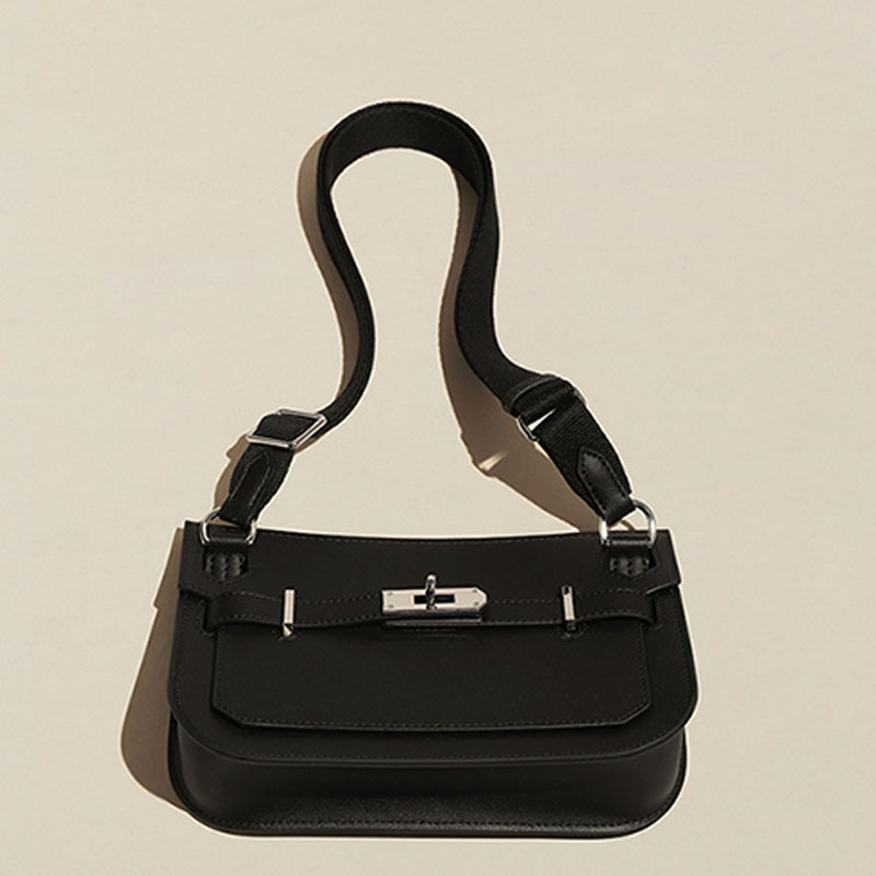 Women's Genuine Leather Lock Buckle Crossbody Baguette Bag