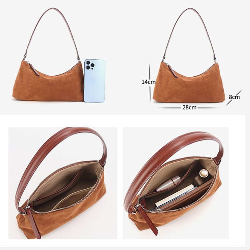 Sacs baguette pour femmes en cuir de vachette et daim