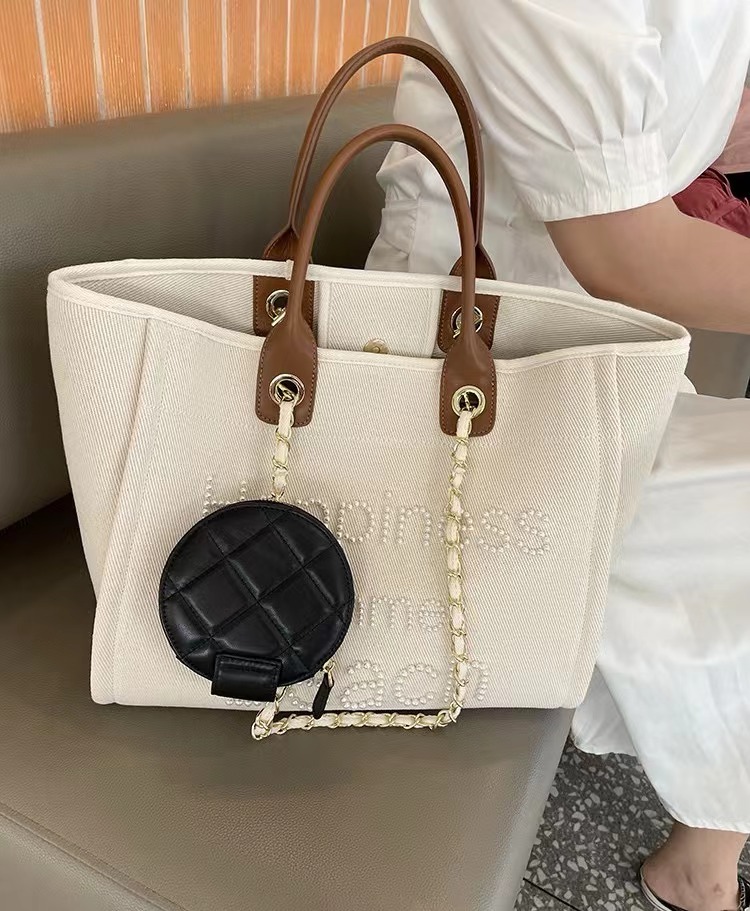 Women's Beige Canvas Pearls Large Beach Tote photo review