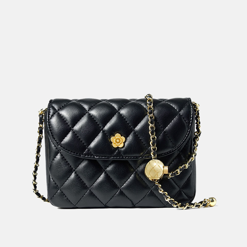 Women's Black Genuine Leather Vintage Quilted Chain Crossbody Shoulder Bag