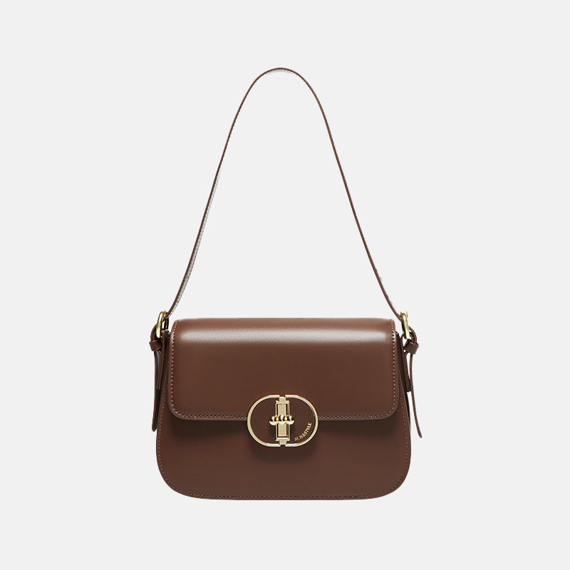 Women's Minimalist Style Lock Buckle Crossbody Baguette Bag in Genuine Leather