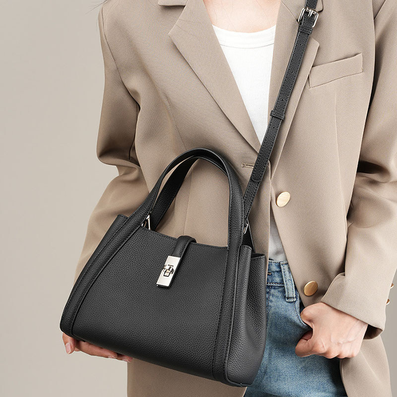 Women's Vintage Genuine Leather Buckle Closure Bucket Tote Bag for Crossbody