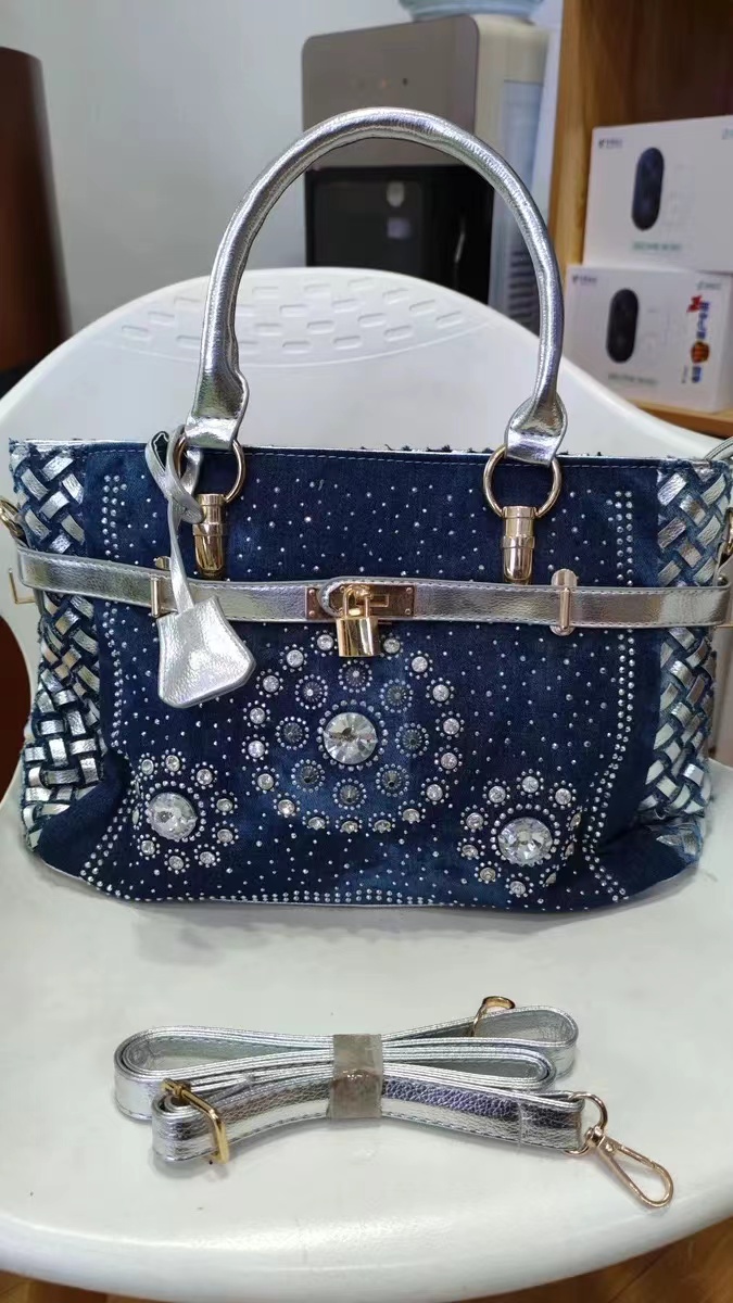 Women's Blue Denim Woven Rhinestones Handbags with Lock photo review