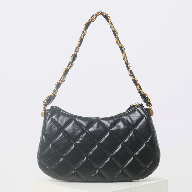 Women's Black Genuine Leather Quilted Chain Shoulder Baguette Bag In Vintage