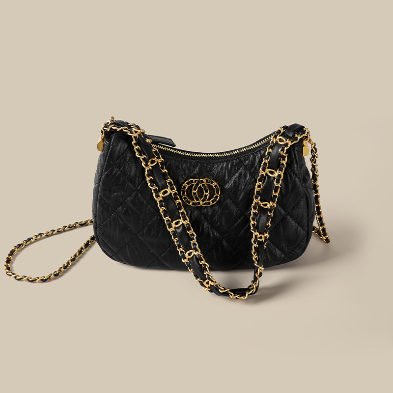 Sacs de baguette à fermeture à glissière en cuir véritable noir mat Minimalist Zipper Crossbody Chain