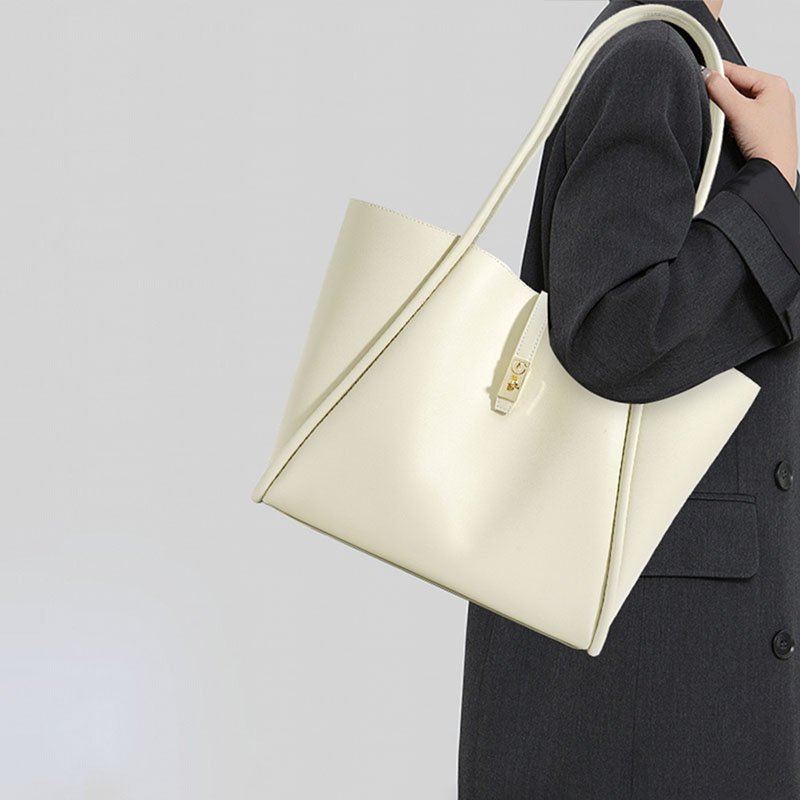 Women's Genuine Leather Lock Buckle Tote Bag With Minimalist