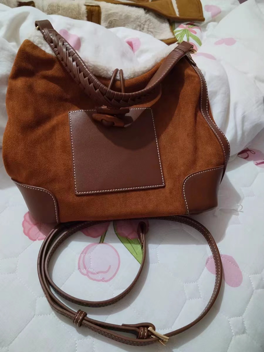 Women's Two Tone Fuzzy Hobo Bags in Brown Faux Suede Leather photo review