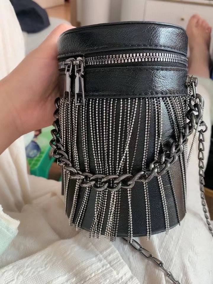 Women's Fringe Cylinder Bucket Bags in Black photo review