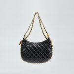 Women's Black Quilted Genuine Leather Minimalist Crossbody Shoulder Chain Hobo Bag