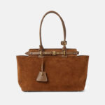 Women's Brown Suede Genuine Leather Buckle Crossbody Shoulder Tote Bag