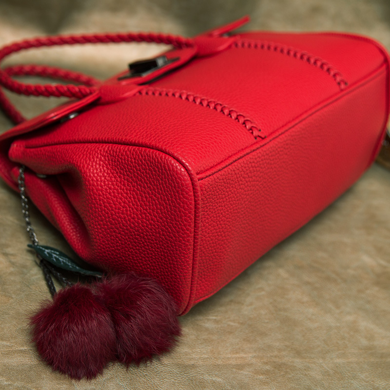 Women's Lychee Pattern Genuine Leather Lock Buckle Woven Handle Crossbody Shoulder Bag