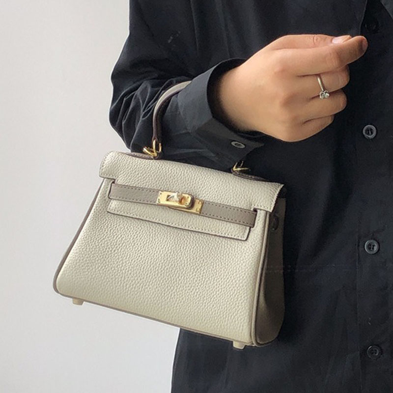 Mini Gray With White Leather Lock Closure Crossbody Top Handle Bag