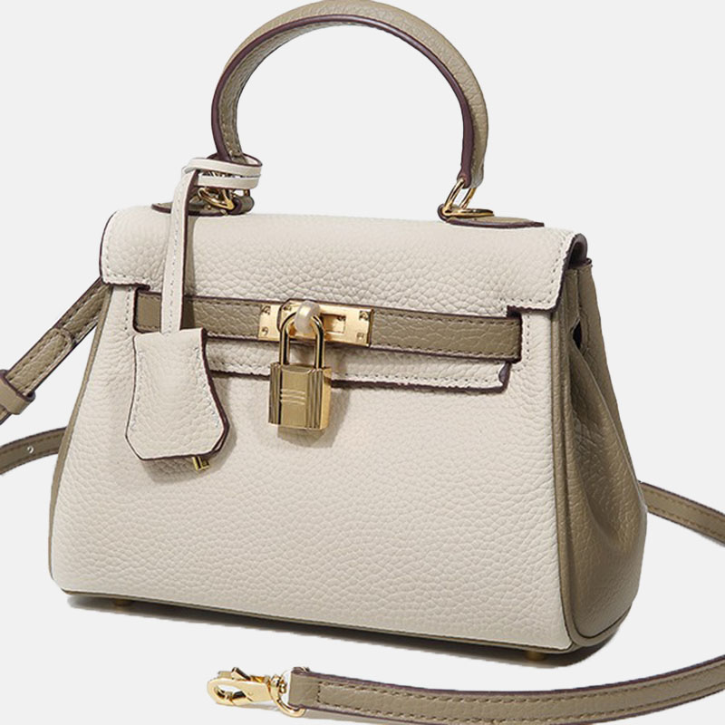 Women's Mini Gray With White Leather Lock Closure Crossbody Top Handle Bag