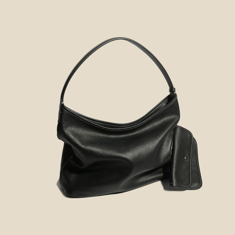 Women's Minimalist Genuine Leather Zipper Shoulder Tote Bags In Black