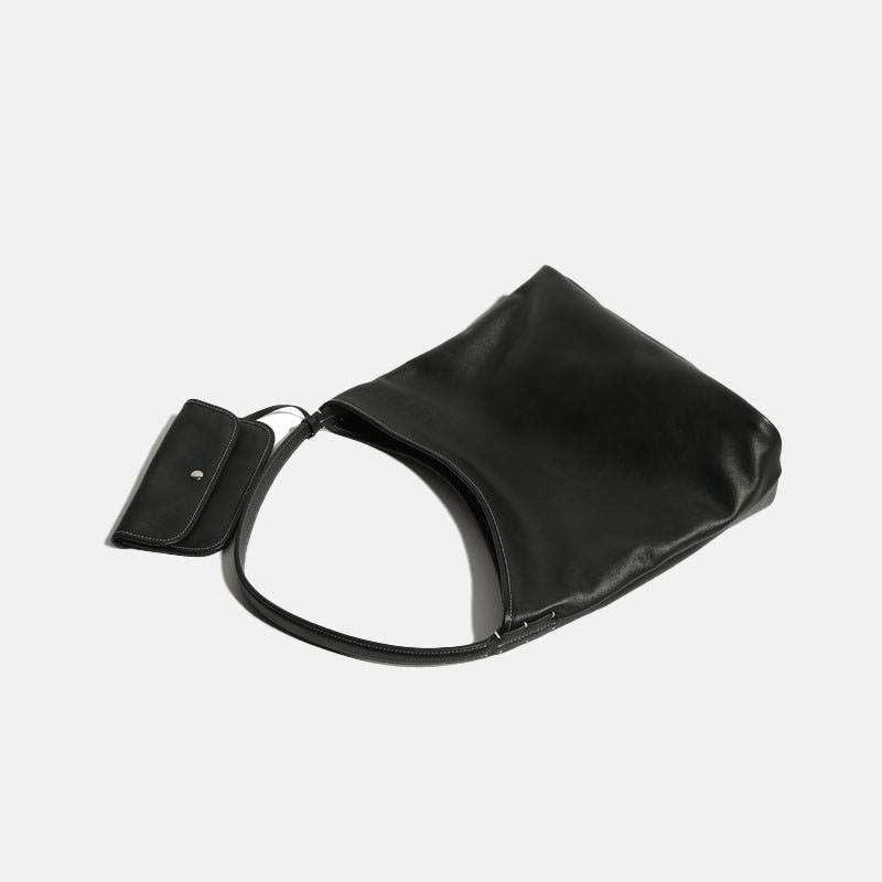 Women's Minimalist Genuine Leather Zipper Shoulder Tote Bags In Black
