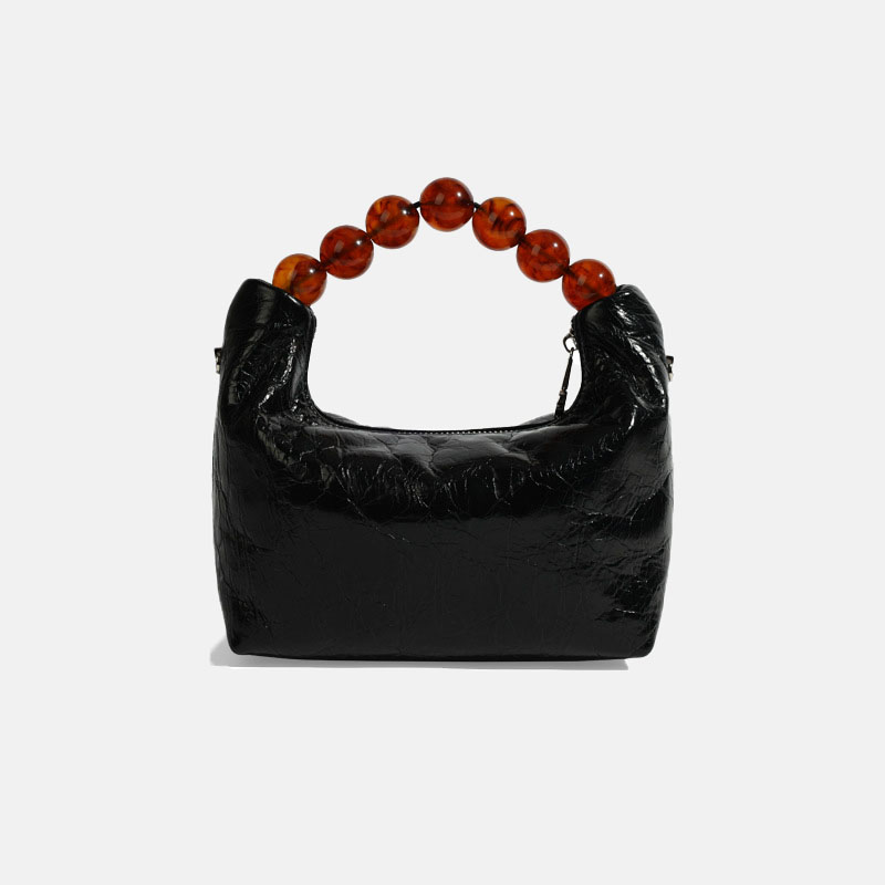 Women's Pleated Genuine Leather Zipper Pearl Handle Crossbody Bag