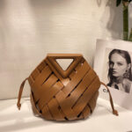 Women's Vintage Woven Leather Triangle Handle Crossbody Shoulder Bucket Bag