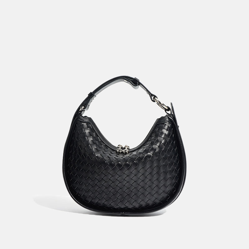 Women's Woven Genuine Leather Crescent Shape Crossbody Shoulder Handbag In Minimalist