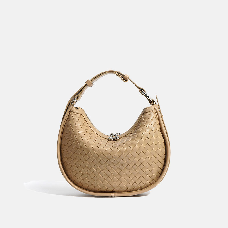 Women's Woven Genuine Leather Crescent Shape Crossbody Shoulder Handbag In Minimalist
