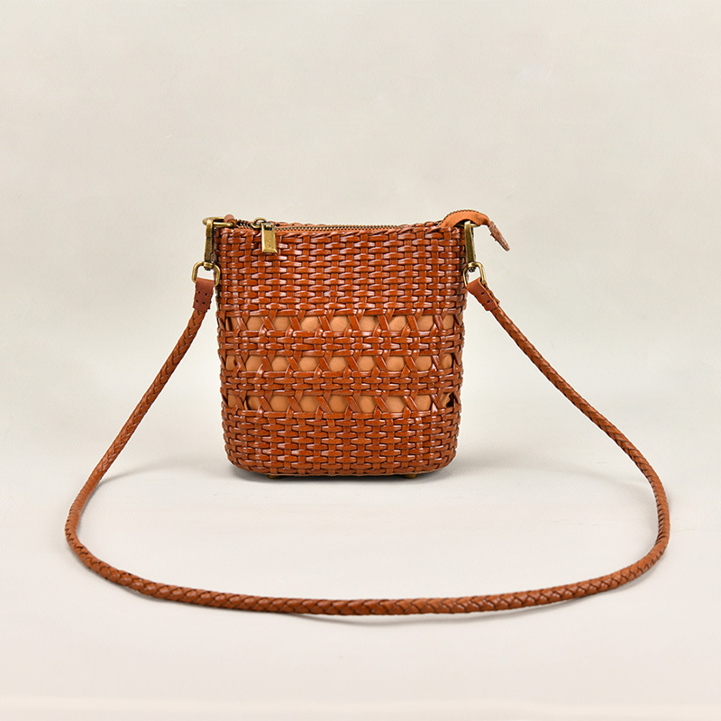 Women's Woven Genuine Leather Zippered Crossbody Beach Tote Bags
