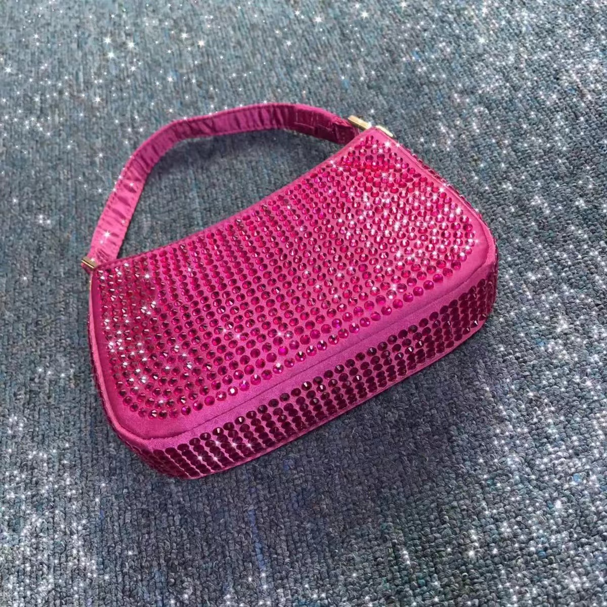 Women's Small Hot Pink Rhinestones Party Baguette Bags photo review