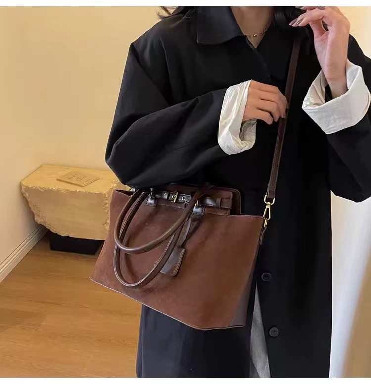 Women's Brown Suede Genuine Leather Buckle Crossbody Shoulder Tote Bag photo review