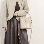 Women's Beige Gray Genuine Leather Buckle Crossbody Shoulder Bucket Bag
