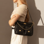 Women's Black Quilted Genuine Leather Chain Lock Shoulder Crossbody Bag In Vintage