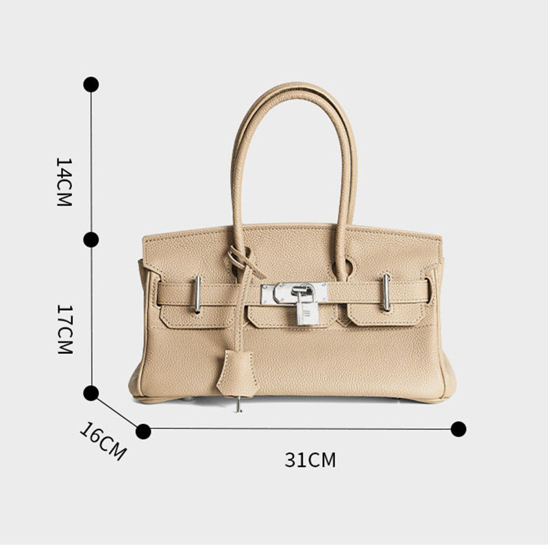 Women's Full-Grain Leather Rectangular Lock Buckle Top Handle Bag