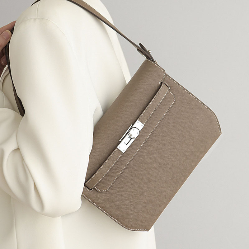 Women's Genuine Leather Lock Crossbody Shoulder Baguette Bag In Minimalist