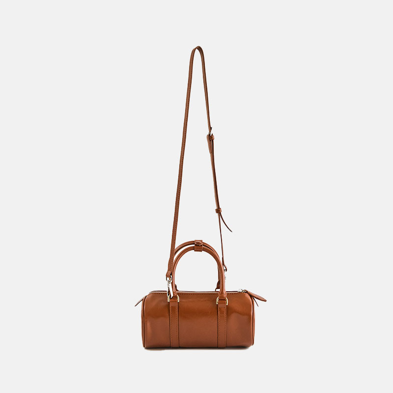 Minimalist Women's Genuine Leather Cylinder Shape Crossbody Shoulder Boston Handbag