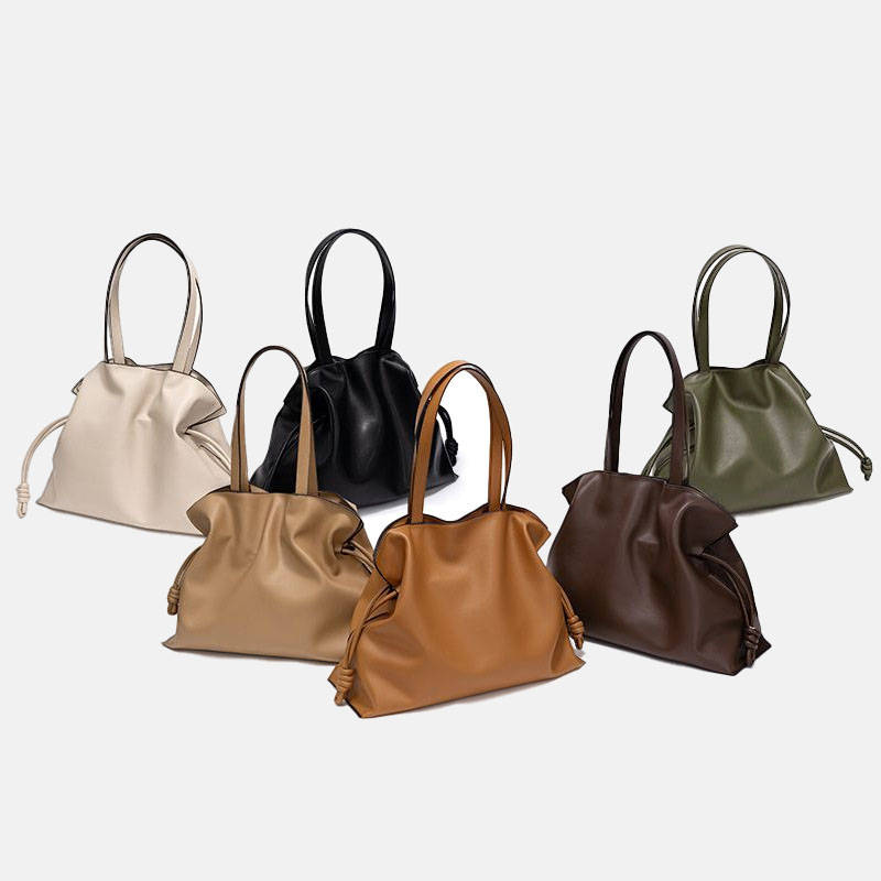 Minimalistische Damen Echtleder Kordelzug Plissee Umhängetasche Tasche